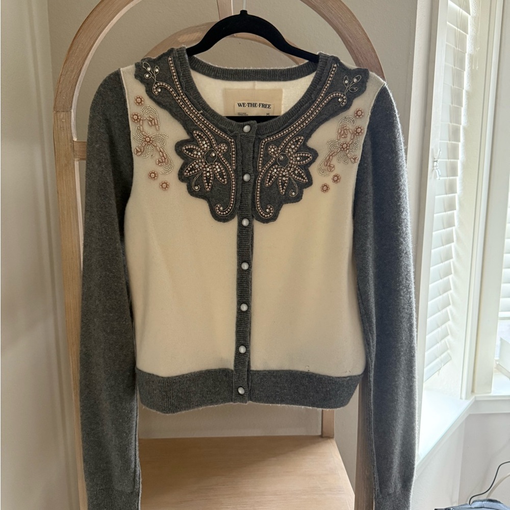 *Cashmere blend* We The Free Gray and Cream Embroidered Cardigan
